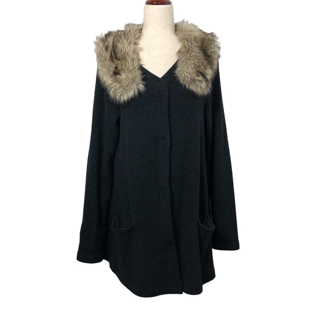 Anthropologie Moth Faux Fur Cardigan Coatigan Medium Heathered Gray Wool Pockets